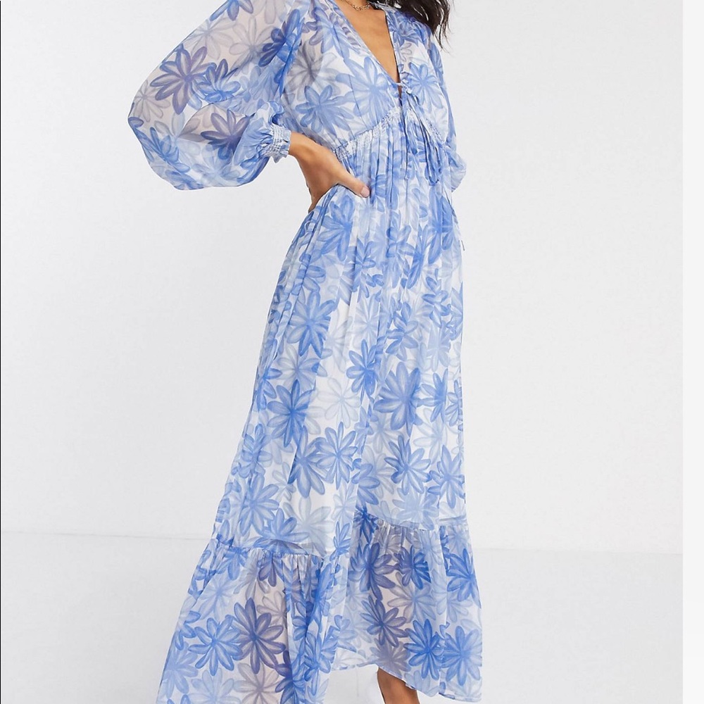 Blue floral maxi dress. Sheer but comes with slip. Bump friendly. True to size